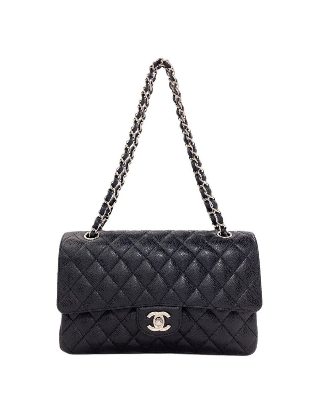 Chanel Double Flap Quilted Silver Shoulder Bag Grained Calfskin